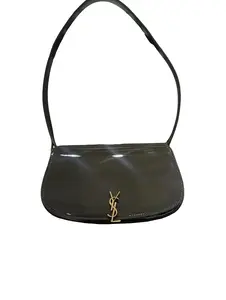 Pre-owned Yves Saint Laurent Patent calfskin with lambskin lining Shoulder Bags YSL Saint Laurent Mini Voltaire Shoulder Bag in Dark Vineyard Green Patent Leather with Gold Logo and Adjustable Strap