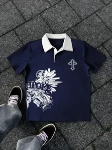 Gothic Wing Cross Polo Shirt | Y2K Streetwear | Edgy Graphic Tee | Vintage Punk Style | Casual Street Fashion | Breathable Fabric | Trendy Oversized Fit | Alternative Aesthetic | Hip Hop Skatewear | Anti-Wrinkle Quick Dry | Retro Rock n Roll Top for Men