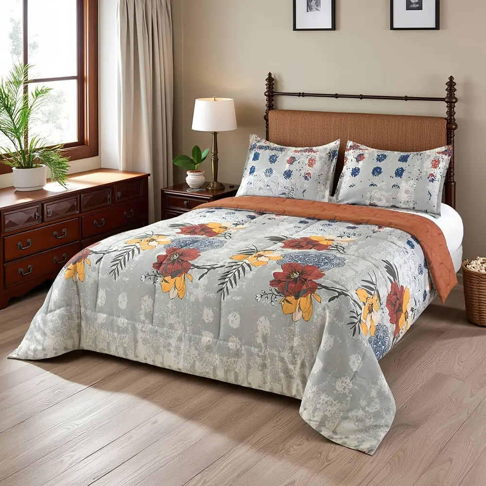Luxury Reversible Floral Bedding Sets, 2/3PCS Ultra Soft All-Season Ensemble with 1 Comforter & 2 Pillow Shams, Double-Sided 2 Unique Patterns, Wrinkle-Resistant Lightweight, Versatile Use for Master Bedroom, Guest Room