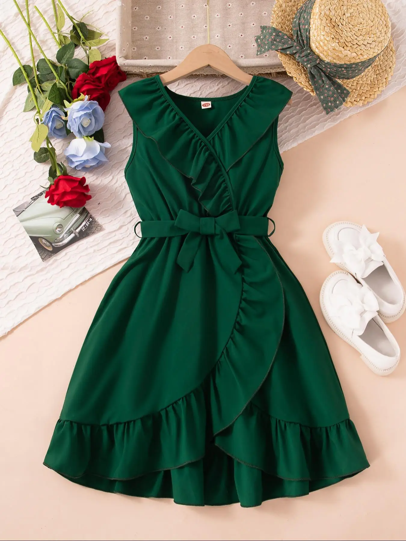 Toddler Girl's Solid Ruffle Trim Dress, Casual Sleeveless V Neck Dress for Summer, Kids Clothes for Daily Wear