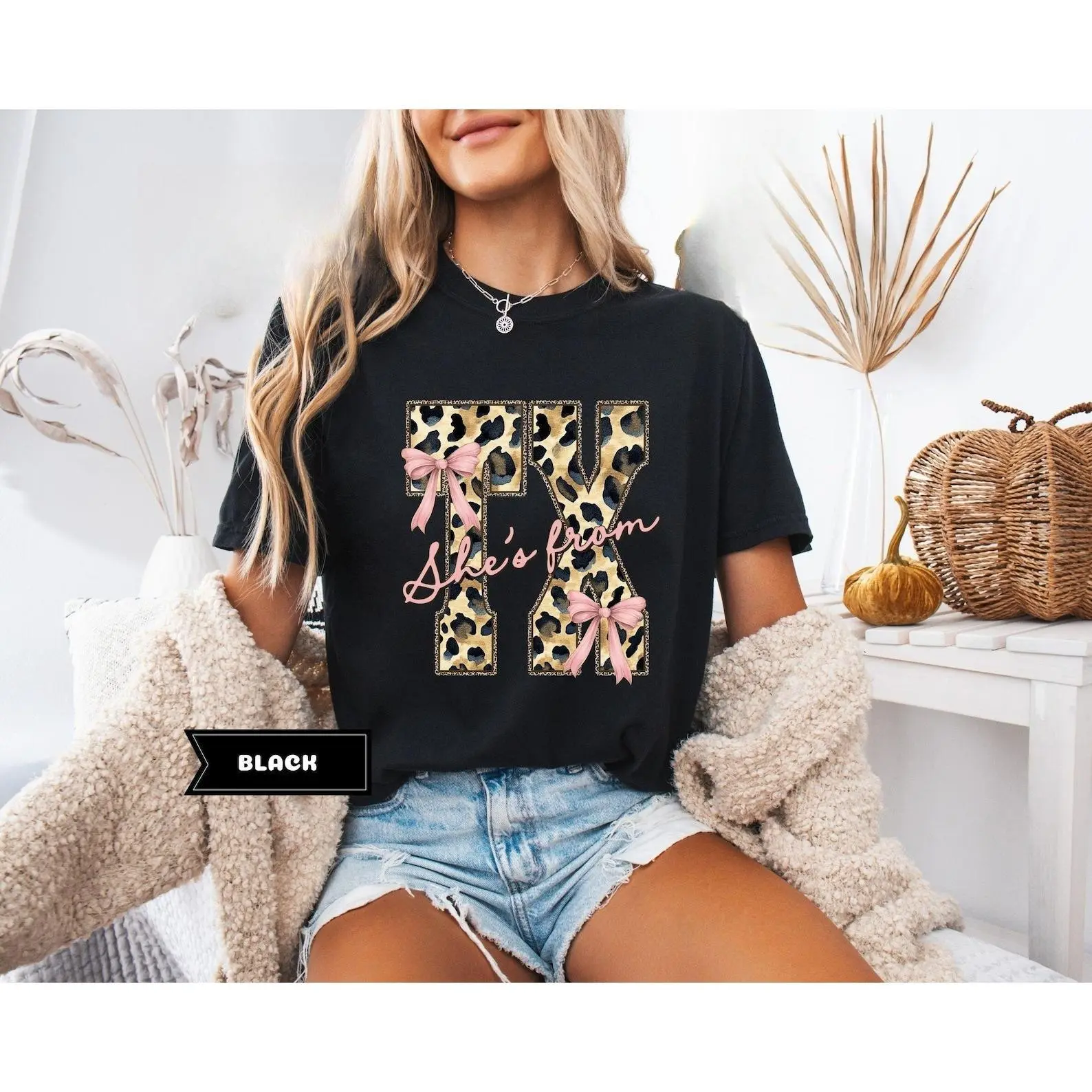 Women's Texas Shirt, Leopard Preppy Texas State Tee, She's From TX T-shirt
