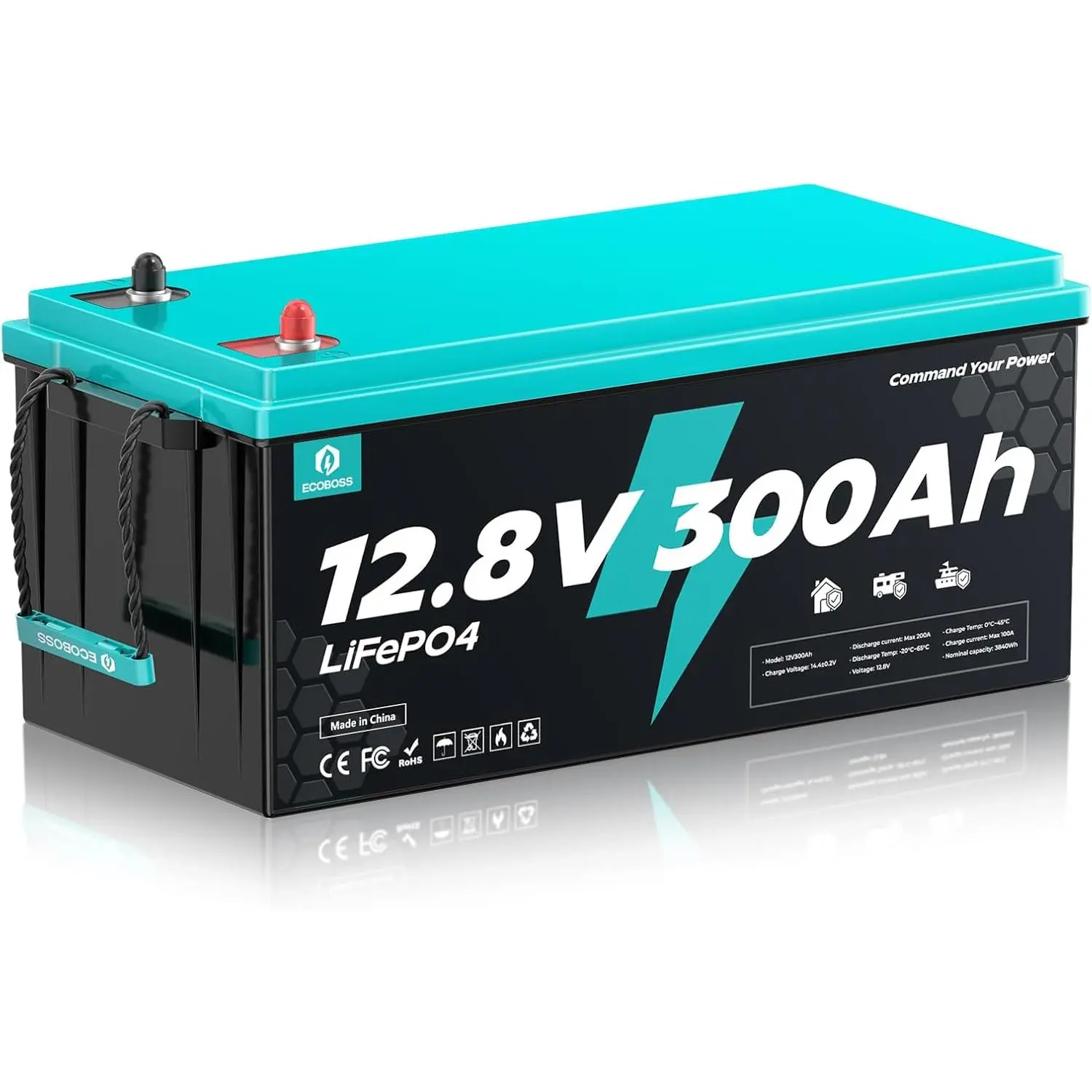 [Summerfinds] ECOBOSS 12.8V 300Ah High Capacity LiFePO4 Power Supplies, 3840Wh Deep Cycle Lithium Rechargeable Battery with 200A Smart BMS, Low Temp Cutoff, 15000+ Cycles for RV, Solar Use (Father's Day Gift)