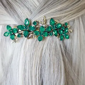 Floral Crystal Hair Barrette – Elegant Wedding & Everyday Hair Clip (Silver & Dark Green)