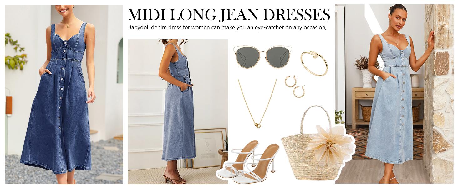 Ebossy Stretchy Smocked Denim Dress for Women Sleeveless Babydoll Button Down Midi Long Jean Dresses