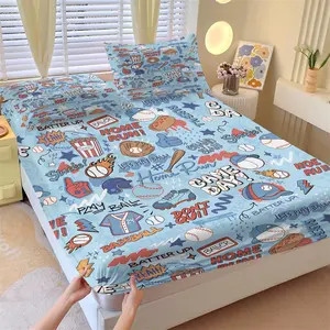 Childish Baseball Comic Doodle Style Fitted Sheet Set and 2 Pillowcases No Core, Baseball Glove Bat Jersey Popcorn Hot Dog Elements, Soft Non-Slip Anti-Wrinkle, Vibrant Kids Bedroom Decor Gift Choice