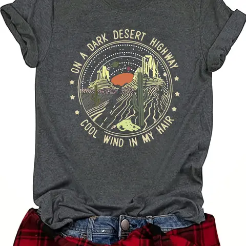 Women's Letter & Cactus Print Round Neck Tee, Vintage Trendy Casual Fitted Short Sleeve Graphic T-shirt for Daily Wear, Ladies Summer Clothes, Womenswear Fashion