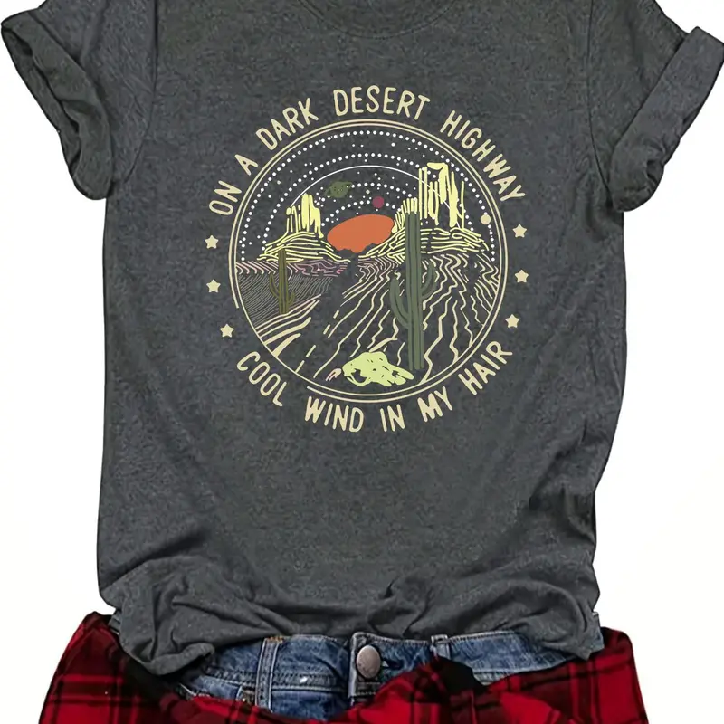 Women's Letter & Cactus Print Round Neck Tee, Vintage Trendy Casual Fitted Short Sleeve Graphic T-shirt for Daily Wear, Ladies Summer Clothes, Womenswear Fashion