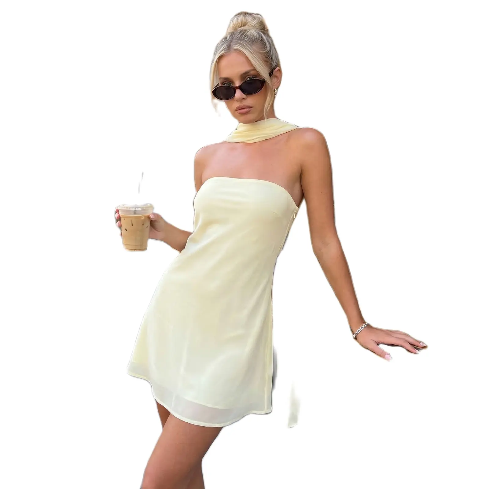 Women's Floral Tube Sleeve Mesh Bodycon Mini Dress with Scarf - Feminine Chic Clubwear Style Summer Dress for Cocktail Parties