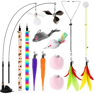 4-in-1 Interactive   Toys,12Pcs Durable Fishing Pole Cats Feathers  Replacements, Suction Cup Cats Wand ,2 Types Door   String Toys for Indoor Kitten