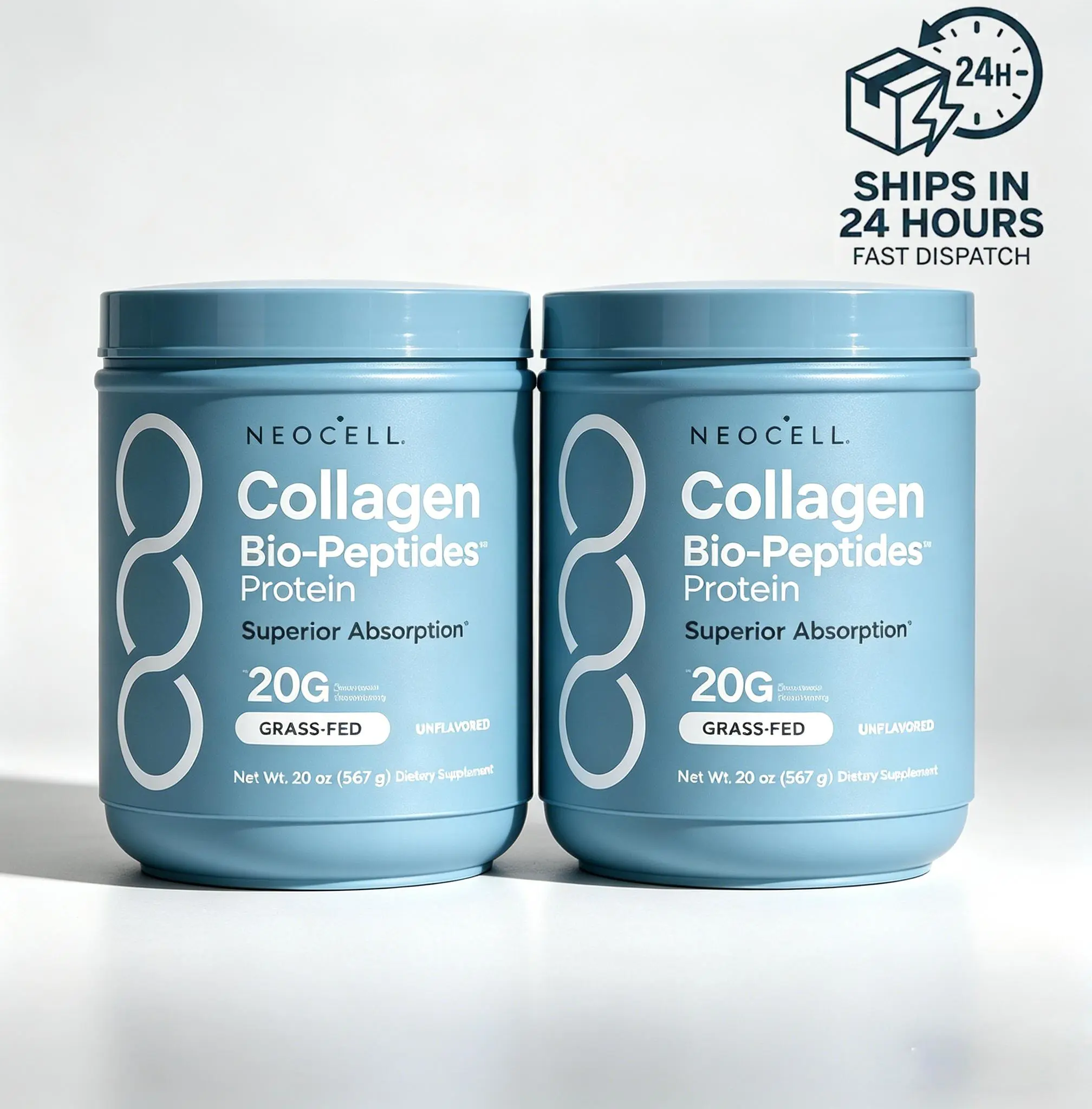 2 Bottles NeoCell Collagen Bio-Peptides Powder 20oz - Grassfed Protein Supplement - Advanced with 18 Essential Amino Acids