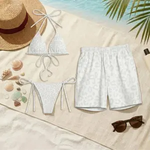 Matching Couple Swimwear White Leopard Print, Couples Bikini and Swim Trunks Set, Honeymoon Beachwear, White Cheetah Swimsuit for Couples 1 Layer Suncatcher Matching Couple Swimwear Set