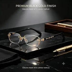 Premium Carved Metal Temple Rimless Readers Glasses, Non-Slip Soft Nose Pad Designer Eyeglasses for Middle Aged Men Women, Anti Eye Strain Reading Glasses for Book Computer Travel