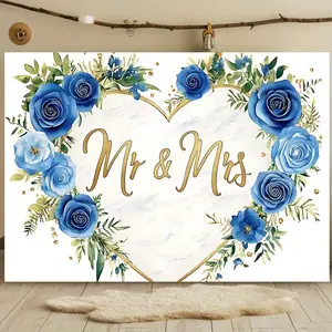 1pc Mr & Mrs Floral Party Banner - Elegant Blue & Golden Polyester Backdrop with Heart Design for Wedding Photos, Home & Wall Decor, Perfect for All Seasons, Wedding Decorations