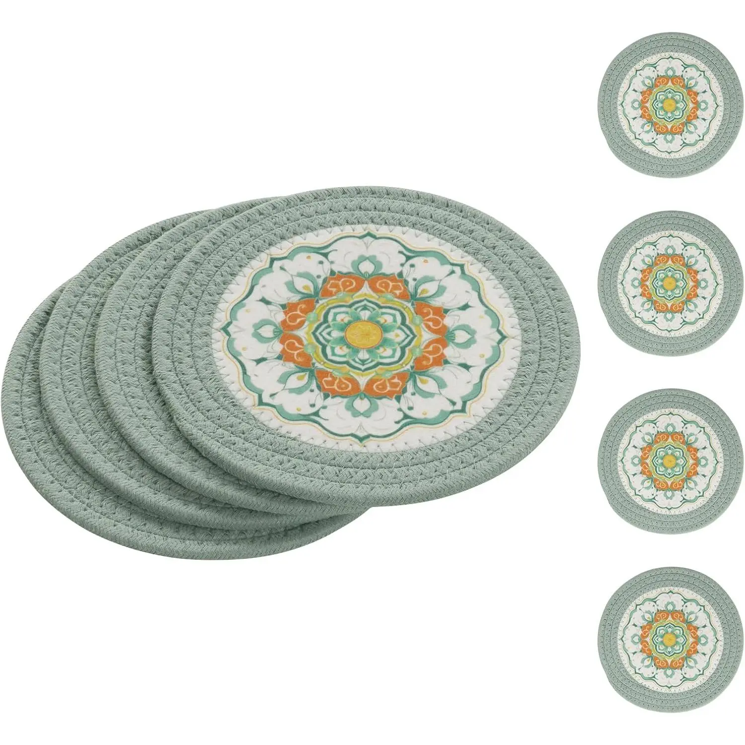 Sage Green 8 Inches Trivets for Hot Dishes, 4 Pieces Cotton and Felt Floral Pattern Trivet Mats for Kitchen, Hot Pads for Countertops, Table, Heat-Resistant Pot Holders for Hot Pots and Pans