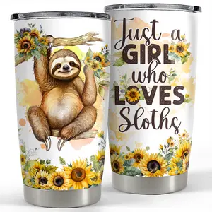Cute Sloth Stainless Steel Tumbler 20oz, Floral Animal Travel Coffee Mug, Unique Gift Idea for Sister Bestie, Keep Cold/Hot