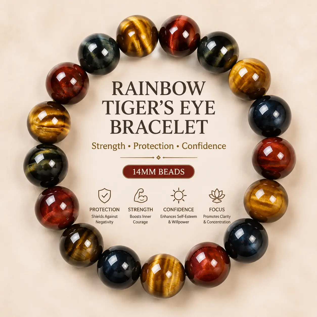 Multi-Color Rainbow Tiger‘s Eye Beaded Bracelet, Courage & Protection Stone for Confidence, Grounding and Good Fortune, Daily Wear Meditation Yoga Gift, 14mm Unisex