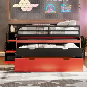 Full XL Loft Bed Frame with Hidden Storage Compartment, Pull-Out Desk, Twin Trundle, Drawers, Stairs, Space-Saving Multi-Functional Gaming Workstation for Teens' Small Bedrooms/Dorms, Bed Frames Hidden Storage Compartment
