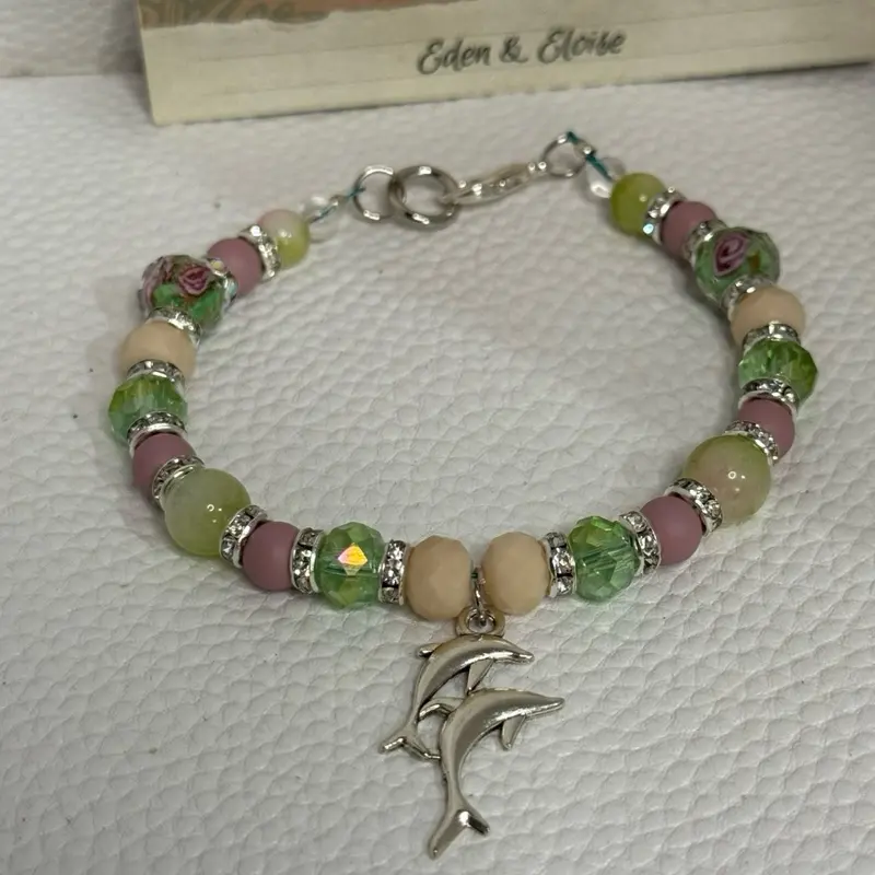 Eden & Eloise Dolphin Charm Bracelet with Multicolor Beads and Silver Tone Clasp for Women