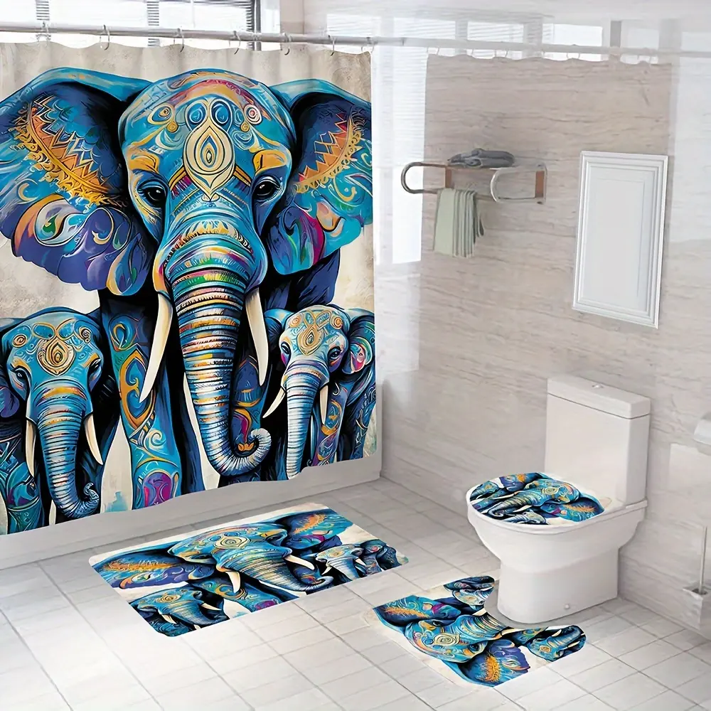 HOT 4pcs Elephants Pattern Set  Waterproof With 12 Hooks  Non-Slip Bathroom Rug  Toilet U-Shape Mat  Toilet Lid Cover Pad  Bathroom Decor  Bathroom Sets Full Set  Bathroom Accessories