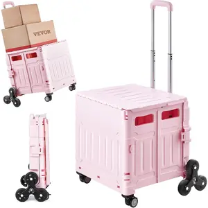 Father's Day Gift VEVOR Foldable Utility Cart, 65L Collapsible Portable Crate Rolling Cart with Stair Climbing Wheels & 360 °   Swivel Wheels, Hand Cart with Telescoping Handle for Shopping Office Moving Teacher, Pink
