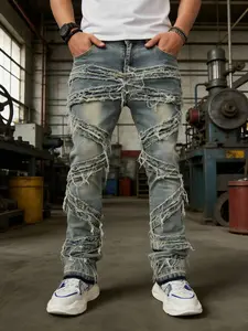 Men's Slim-Fitting Blue Denim Wash Plain Pants, Casual Vintage Retro Ripped Micro Flare Jeans for All Seasons, Stylish Long Pants for Modern Looks