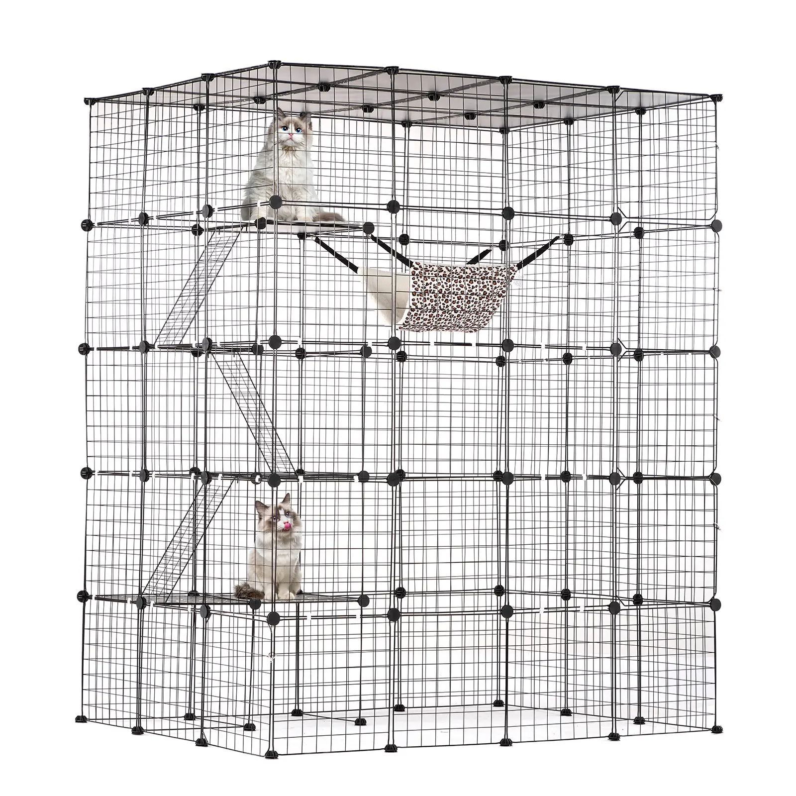 VEVOR 4-Tier Large Wire Metal Cat Cage - 54x41x69in Collapsible Easy-Assembly Enclosure with 5 Front Doors, Hammock, Ramp, Ladders, Removable Non-Skid Pad, Plastic Hammer | Escape-Proof Indoor-Outdoor Mesh Metal Wire Kennel for Kitties, Escape Proof Kenne