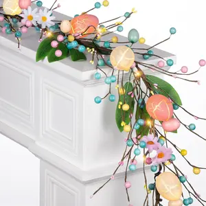 6FT Pre-Lit Easter Egg Garland with 20 LED Lights & 8 Flash Modes, Remote Timer Control, Pastel Pink Blue Spring Floral Vine for Mantle, Wall, Fireplace, Table Decor, Lighted Artificial Garland for Home Holiday Easter Decorations