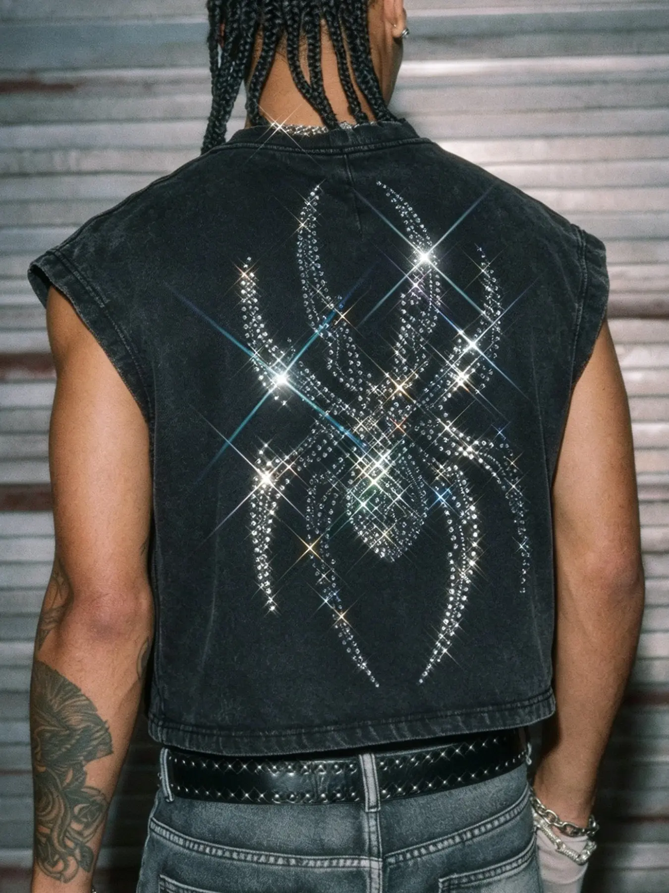 Men's Fashion Street Style Spider Pattern Rhinestone Trunk Top T-Shirt, Comfortable Loose-Fit, Trendy Essential, Washed Cotton