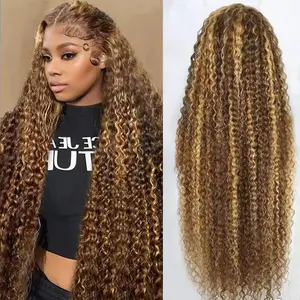 Oveflect 13x6 Deep Wave Lace Front Wigs 30 Inch 4/27 Honey Blonde 200 Density Human Hair Pre Plucked HD Lace Frontal Wig for Women Deep Application Compatible