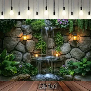 2D Flat Banner, Waterfall Backdrop, Realistic Stone & Greenery Photography Background, No Electricity Needed, for Wedding Birthday Garden Party Decor, Durable for Indoor Outdoor Use, Realistic Stone Waterfall Banner, 2D Flat