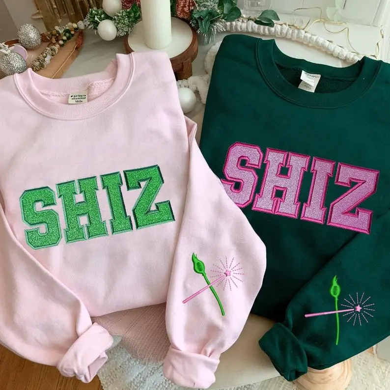 Shiz Elphaba & Glinda Embroidered Sweatshirt - Wicked Fan Gift Hoodie, Pink and Green Theme
