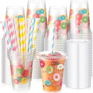 50 Sets Donut Cup with Flat Lids and Straws 12 oz Doughnut Sprinkle Plastic Cups Clear Drink Disposable Cups with Lids for Smoothie Donut Grow up Birthday Party Baby Shower Summer Holiday