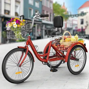 Adult Tricycle, 24 Inch 3 Wheel Bikes, 7 Speed Trike Bike For Adults With Removable Baskets, Cruiser Bike For Seniors Women Men Shopping Picnic Outdoor Sports, Red