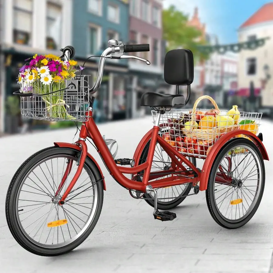 Adult Tricycle, 24 Inch 3 Wheel Bikes, 7 Speed Trike Bike For Adults With Removable Baskets, Cruiser Bike For Seniors Women Men Shopping Picnic Outdoor Sports, Red
