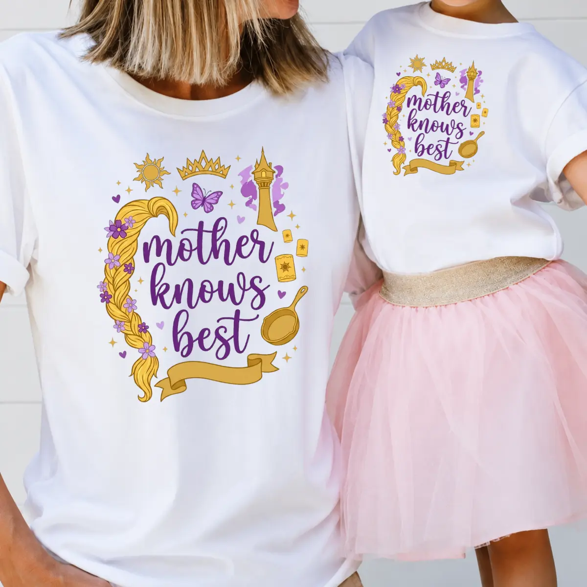 Matching Youth And Adult Mother Knows Best Graphic T-Shirt, Tangled Princess Rapunzel Long Hair Pan And Tower Aesthetic Tee, Cute Family Matching Outfits, Front Chest Print, Perfect Gift For Moms, Daughters, And Kids
