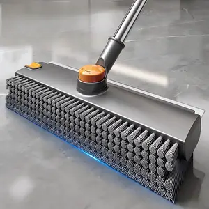 3-in-1 Floor Scrub Brush with Long Handle - Stiff Bristle & Squeegee Combo with Hidden Dirt Clip, 180° Rotating Adjustable Handle for Bathroom, Tile, Concrete, Deck & Pet Hair Removal