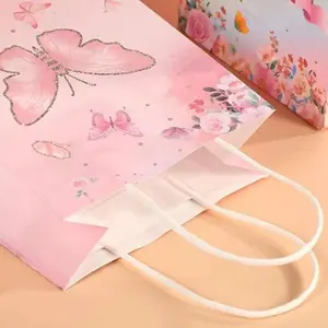 12pcs Cartoon Kitten Puppy Butterfly Kraft Paper Bags, Tote Bag for Shopping & Party Gifts, Party Gift Packs, Gift Wrapping Supplies, Perfect for Holiday Celebrations