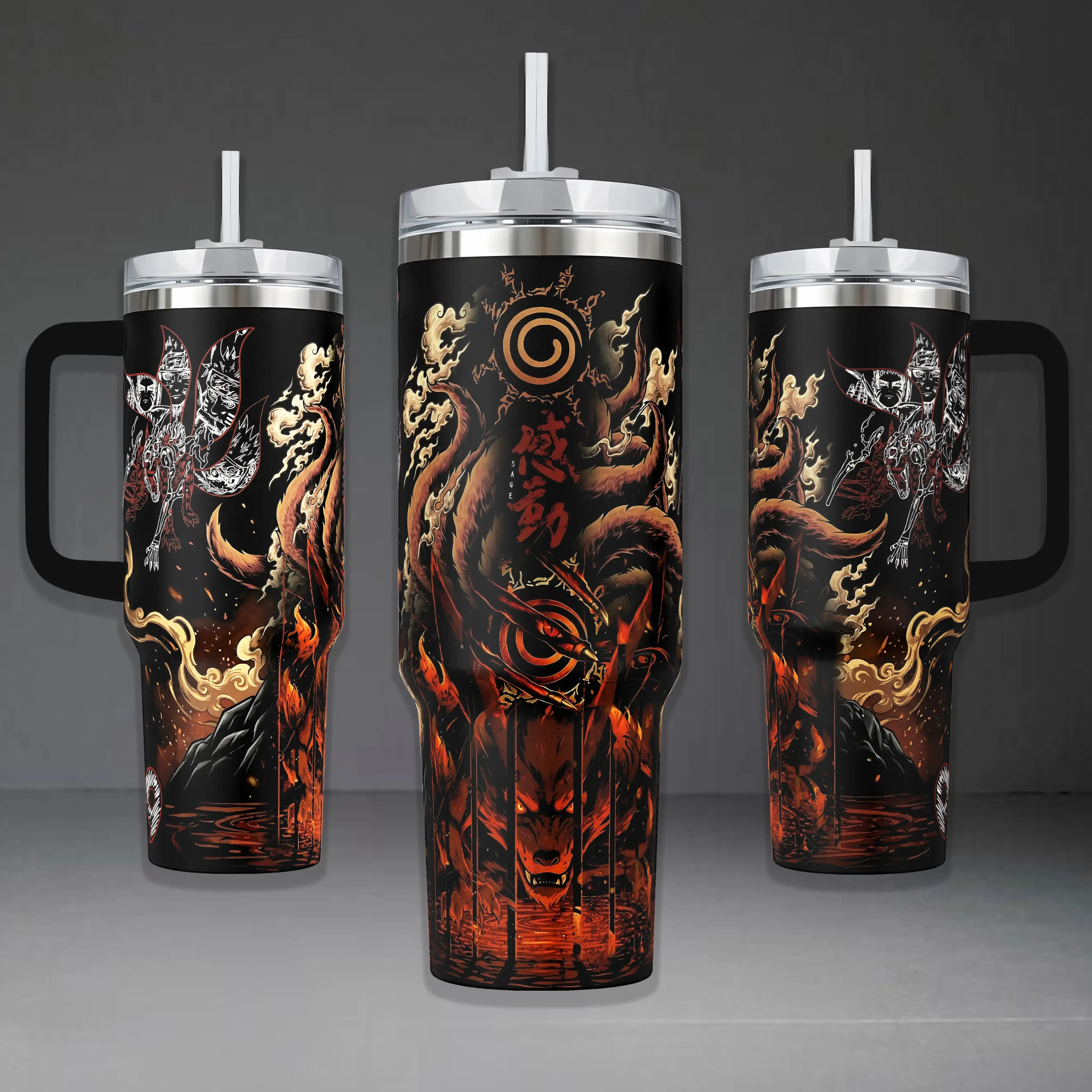 Kurama Nine-Tails Fox Tumbler, Naruto Shippuden Sage Mode 40oz Cup with Handle, Kyuubi Seal 20oz Stainless Steel Travel Mug, Anime Ninja Gift, Kurama Inspired Insulated Tumbler