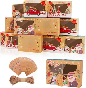 12 PCS Christmas Cookie Boxes for Gift Giving, Christmas Bakery Treat Boxes with Window, Holiday Cookie Boxes with Ribbons and Tags for Xmas Party Supplies Cookie Containers Treat Tins