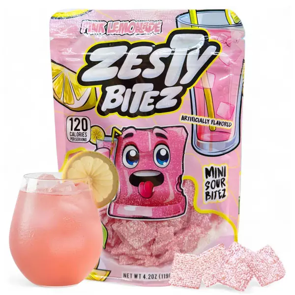 Zesty Bitez Sour Candy Strips Bites – Sour Belts with Intense Tangy Fruity Flavor (1 Pack, Pink Lemonade)