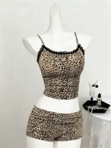 Y2K Style Leopard Print Halter Short Pants Set, Lace Trim Sexy Thin Straps, Pleated Shorts, Fashionable Summer, Womenswear