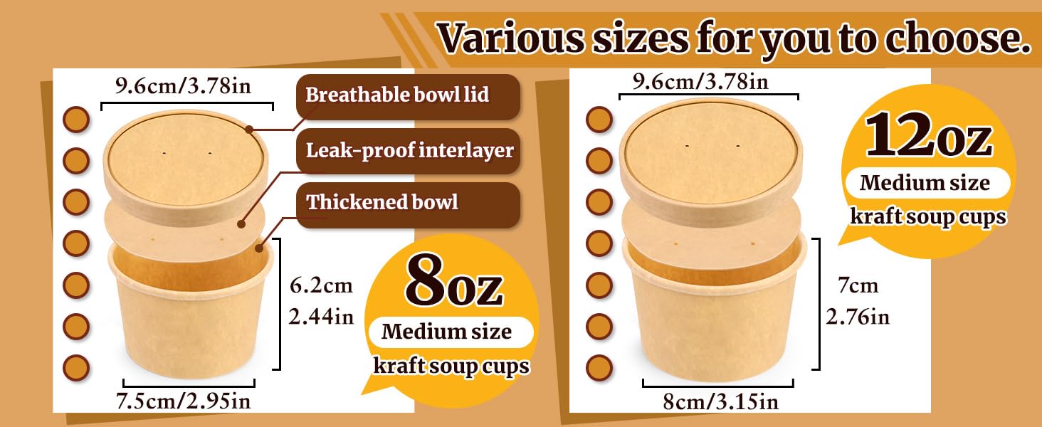 12 oz Kraft Paper Lidded Bowl Set, 50-Pack Leakproof Disposable Biodegradable Containers for Hot/Cold Foods (Disposable Kitchenware Cookware)