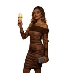 Spring Summer Ruffled Off-Shoulder Mesh Brown Tight Sexy Dress Casual Womenswear Lady Women Comfort Casual Basic Long Sleeve Minimalist Comfortable Formal Breathable Chic Cocktail Day Elegant Fabric Feminine Party Style Fit