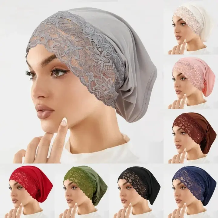 Comfortable Fit Elegant Hijab Cap Lace Edge Breathable Headscarf Hat Solid Color Soft Undercap Women Headwear