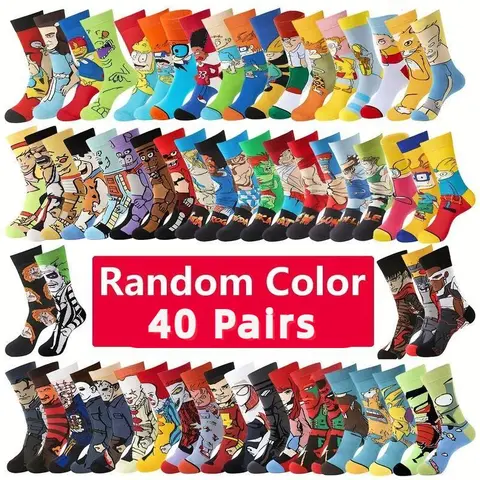 20 Pairs Of Men's Trendy Cartoon Anime Pattern Crew Socks, Breathable Comfy Casual Socks for Men's Outdoor Wearing All Seasons Wearing Fabric Menswear