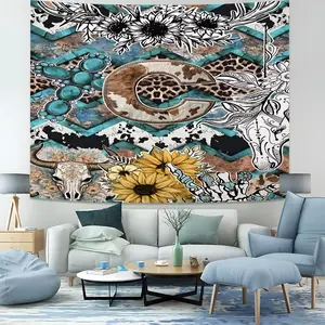 Bohemian Patchwork Background Wall Tapestry,Geaturing Digital Prints Bull Heads, Sunflowers, Leopard Print,Cow Print,Abstract Floral Elements Digital Tapestry,Whimsical Wall Hanging Bedroom Decor, Unique Home Aesthetic Wall Art, Cozy Heartwarming Vibes.