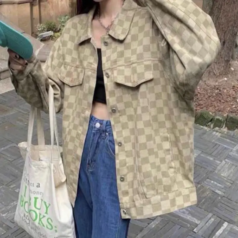 Taupe Checkered Denim Jacket - Timeless Casual Style with Button-Down Front, Double Chest Pockets, and Relaxed Fit for Everyday Wear - Womenswear, Piece, Comfortable, Coats, Tops, Love