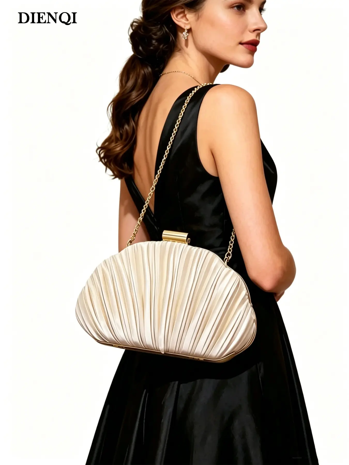 Women's Pleated Satin Evening Clutch, Frame Hard Shell Purse, Chain Strap, Elegant Shell-Shaped Handbag for Parties & Formal Events