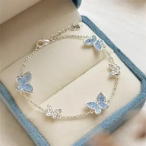Light Luxury Shiny Zircon Butterfly Bracelet For Women Blue Rhinestone Double Butterfly Necklace Earring Set Girls Party Jewelry