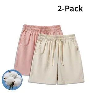 2-Pack Summer Cotton Drawstring Shorts, Casual Loose Fit, Elastic Waist, Breathable & Soft for Daily, Beach & Lounging